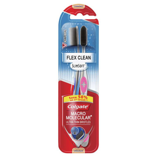 COLGATE TOOTHBRUSH SUPER SOFT FLEX CLEAN CHARCOAL 2'S