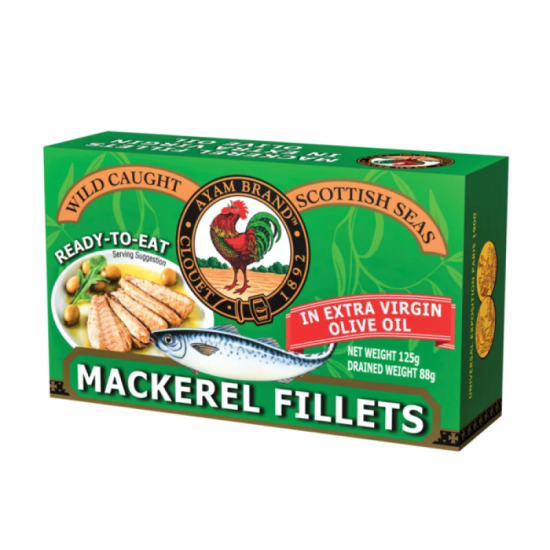 AYAM BRAND MACKEREL FILLETS EXTRA VIRGIN OLIVE OIL 125GM AYAM BRAND MACKEREL FILLETS EXTRA VIRGIN OLIVE OIL 125GM