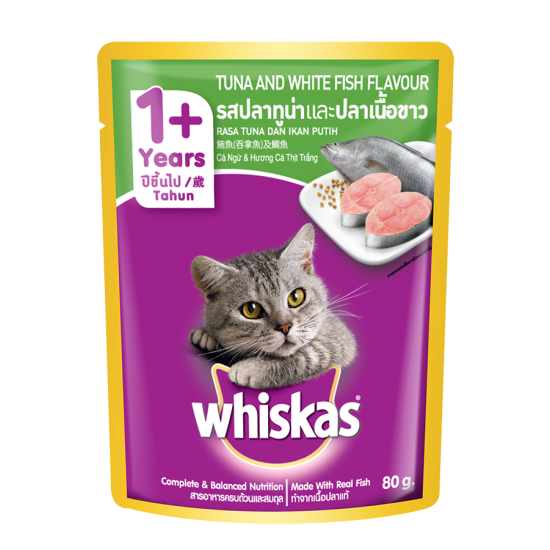 WHISKAS (POUCH) TUNA + WHITE FISH 80G