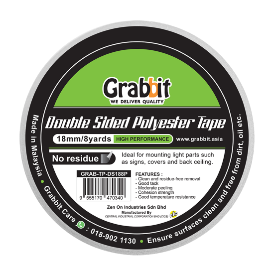 GRABBIT D/SIDED POLYESTER TAPE 18MMx8Yx1ROLL