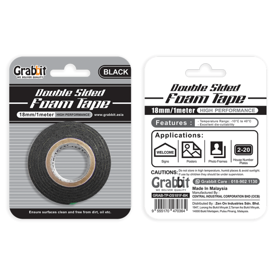 GRABBIT D/SIDED FOAM TAPE 18MMx1Mx1ROLL BK