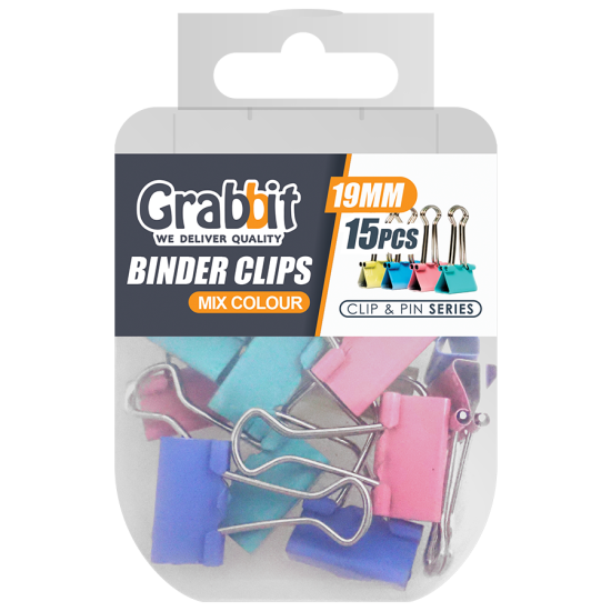 GRABBIT BINDER CLIPS 19MM MIX COL 15PCS