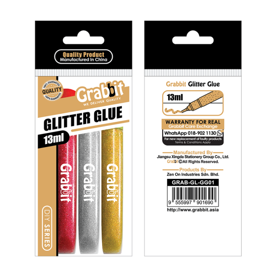 GRABBIT GLITTER GLUE 13ML 3PCS (GOLD/SILVER/RED)