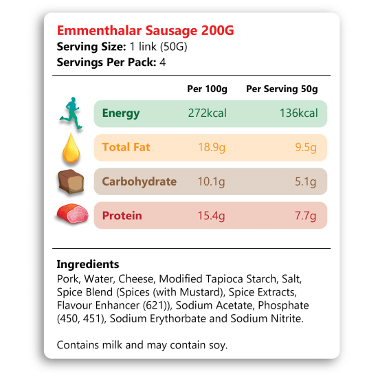 SOLISEGE EMMENTHALER SAUSAGE 200GM